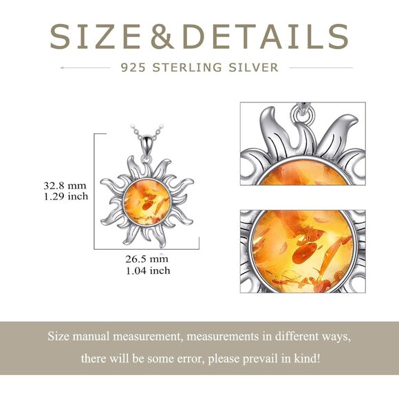 Sterling Silver Amber Sun Necklace for Women 13mm Protecting Jewelry Gift - Picture 5 of 7